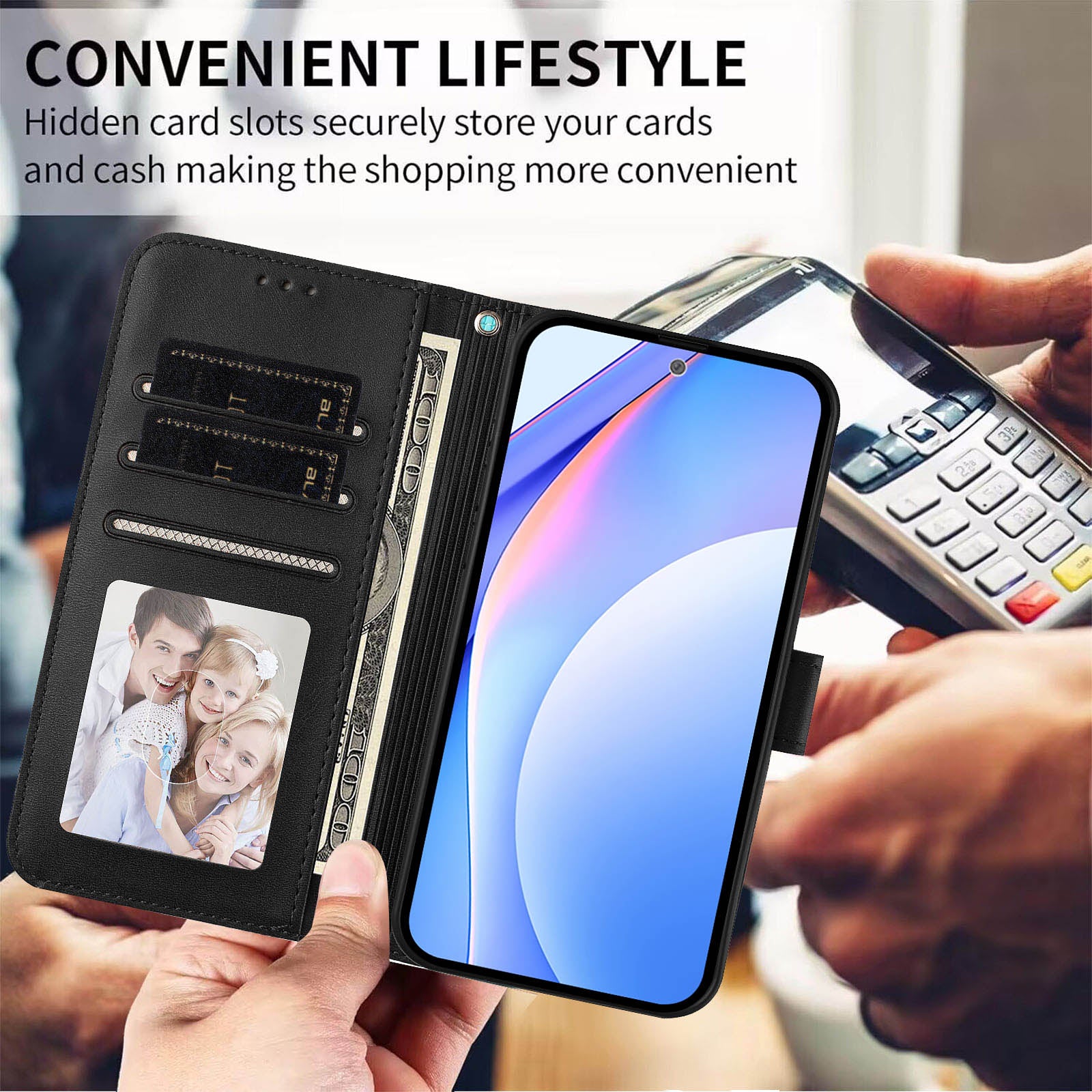 For Motorola Edge 70 5G Wallet Case RFID Blocking Calf Texture Leather Stand Phone Cover with Strap - Black