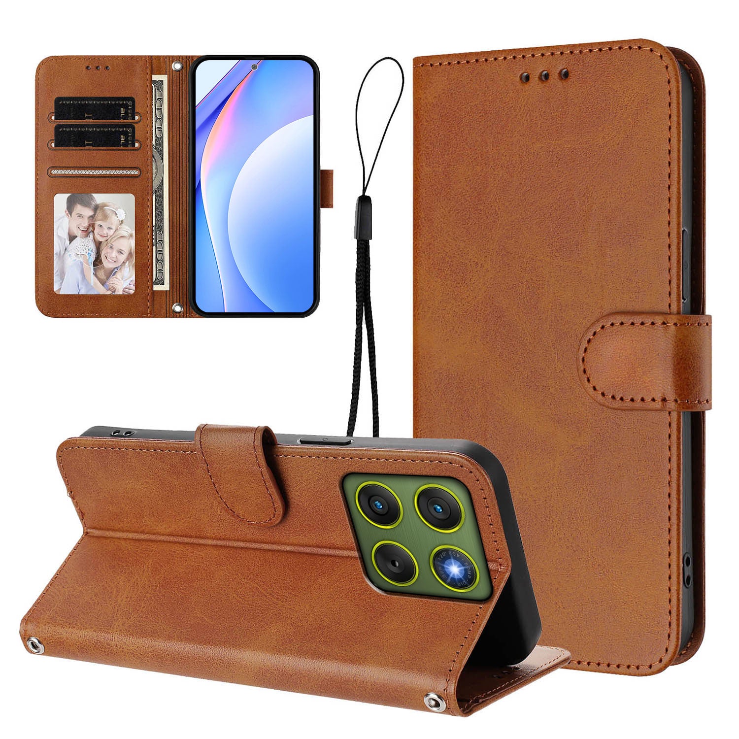 For Motorola Edge 70 5G Wallet Case RFID Blocking Calf Texture Leather Stand Phone Cover with Strap - Brown