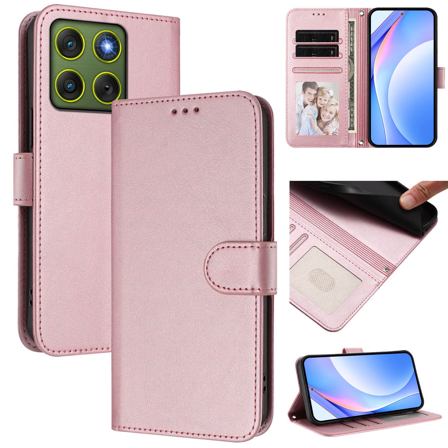For Motorola Edge 70 5G Wallet Case RFID Blocking Calf Texture Leather Stand Phone Cover with Strap - Pink