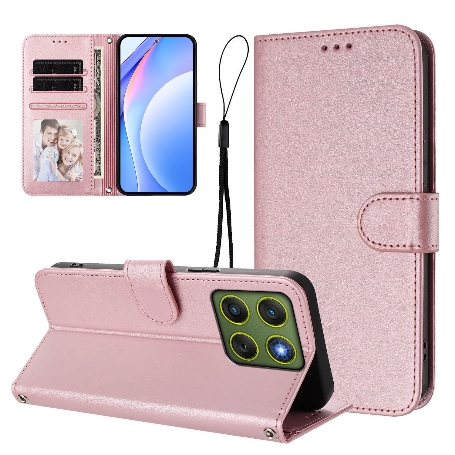 For Motorola Edge 70 5G Wallet Case RFID Blocking Calf Texture Leather Stand Phone Cover with Strap - Pink