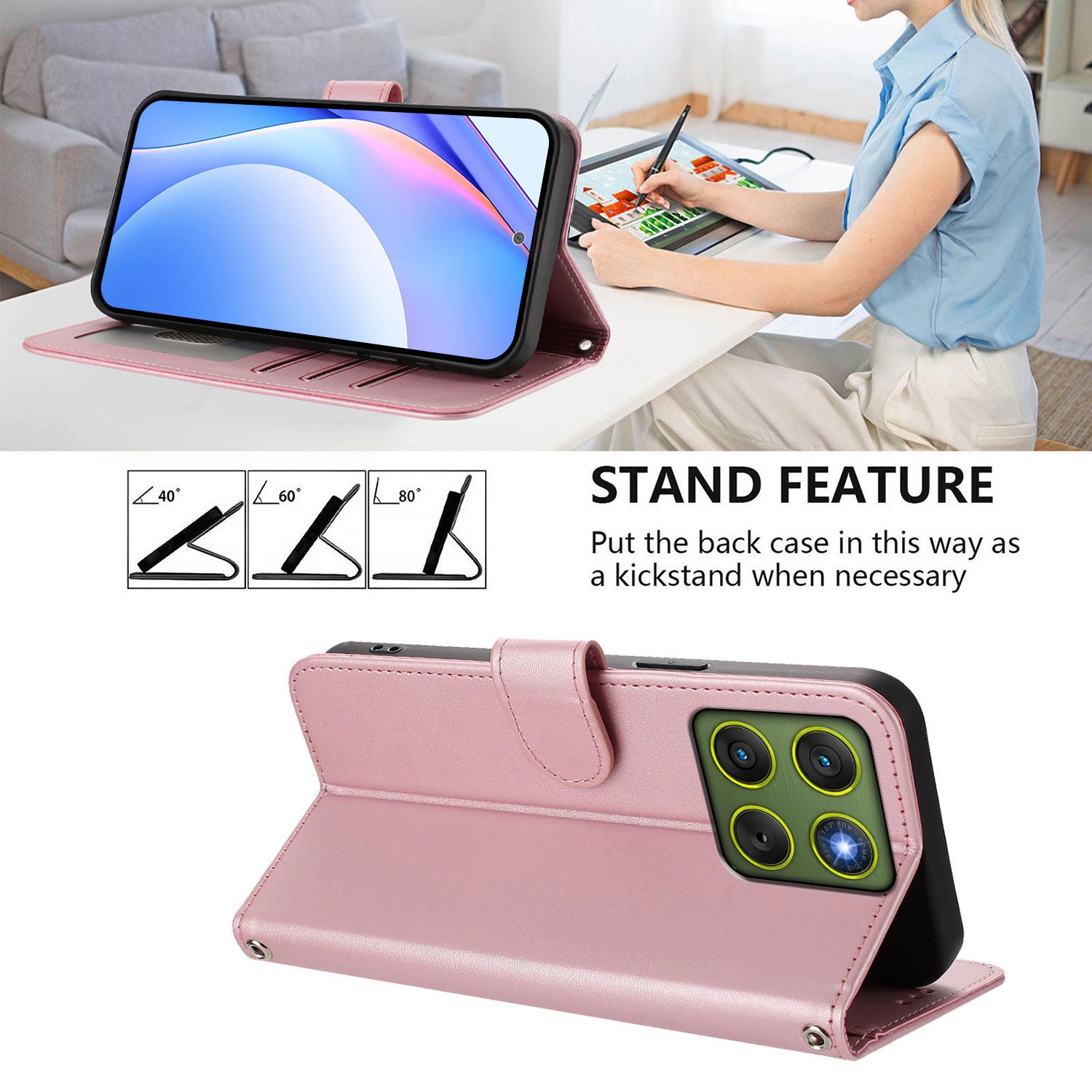 For Motorola Edge 70 5G Wallet Case RFID Blocking Calf Texture Leather Stand Phone Cover with Strap - Pink