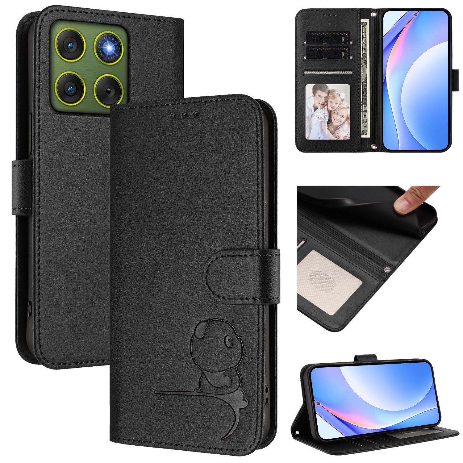 For Motorola Edge 70 5G Case Panda Imprint RFID Blocking Wallet Leather Phone Cover with Wrist Strap - Black