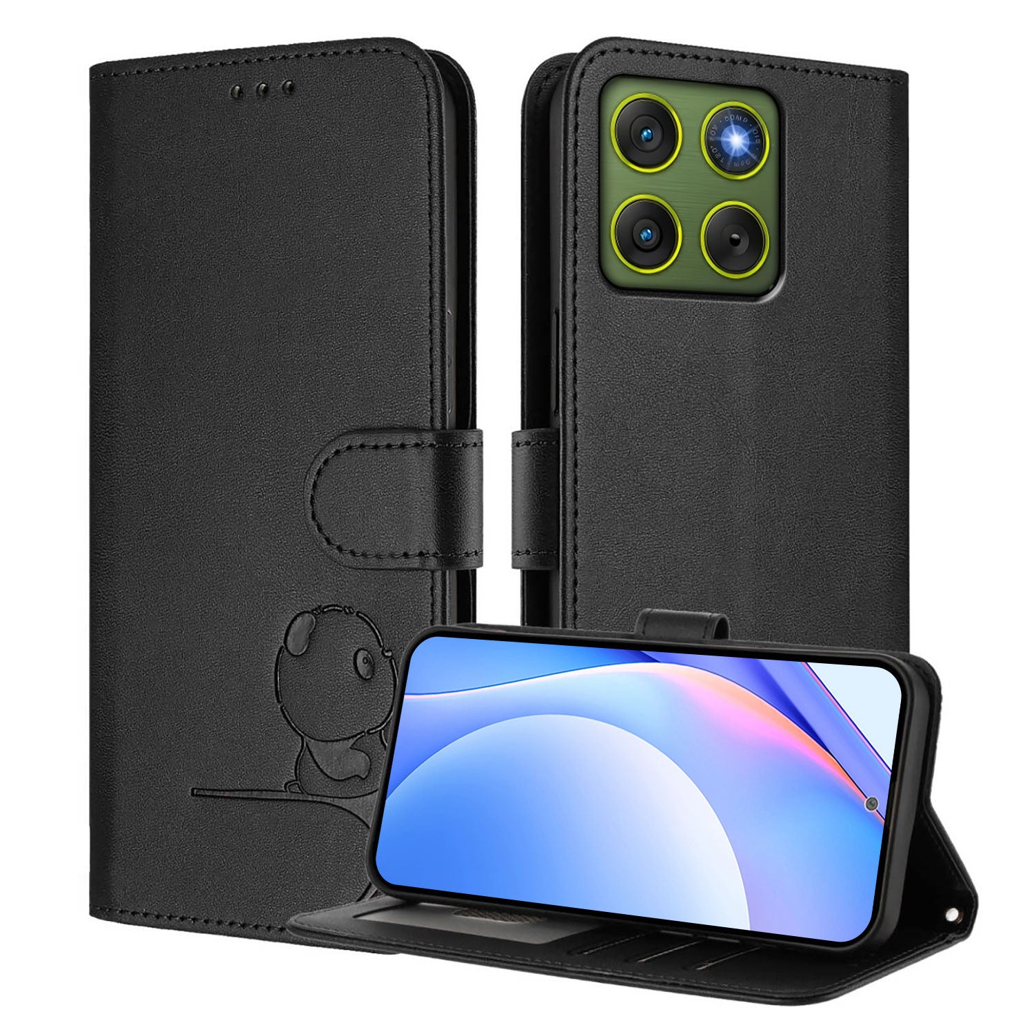 For Motorola Edge 70 5G Case Panda Imprint RFID Blocking Wallet Leather Phone Cover with Wrist Strap - Black
