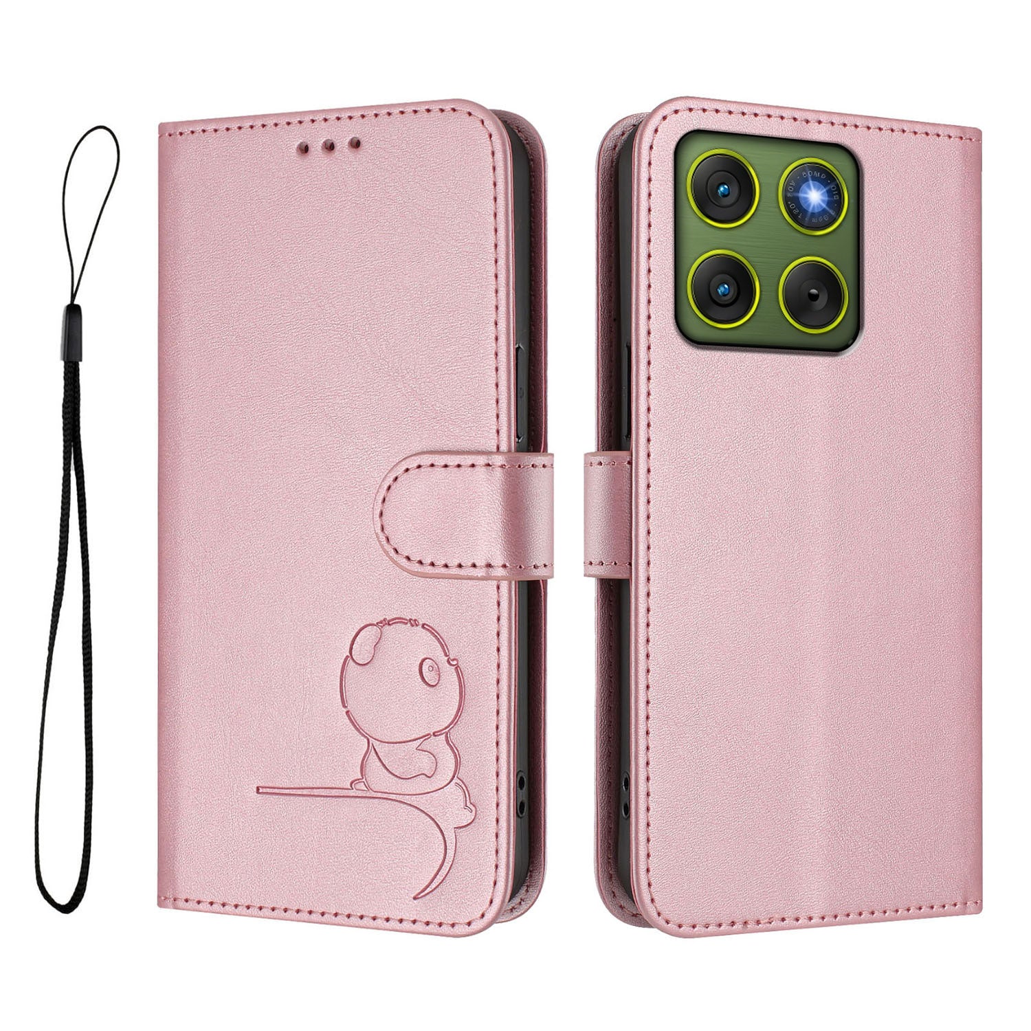 For Motorola Edge 70 5G Case Panda Imprint RFID Blocking Wallet Leather Phone Cover with Wrist Strap - Pink