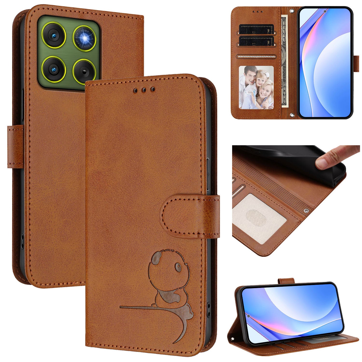 For Motorola Edge 70 5G Case Panda Imprint RFID Blocking Wallet Leather Phone Cover with Wrist Strap - Brown