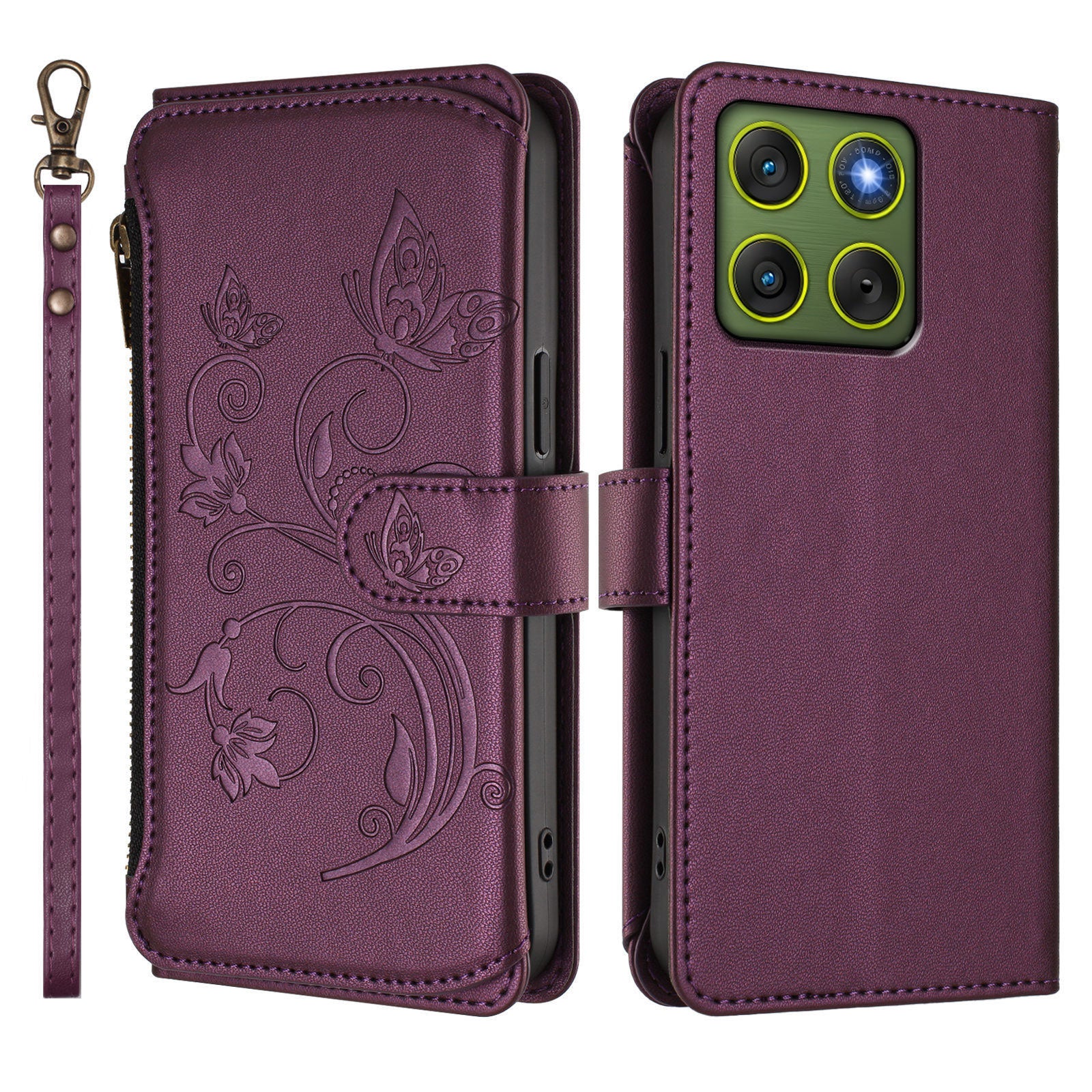 For Motorola Edge 70 5G Leather Case Butterfly Floral Imprint Zipper Wallet Stand Cover with Wrist Strap - Purple