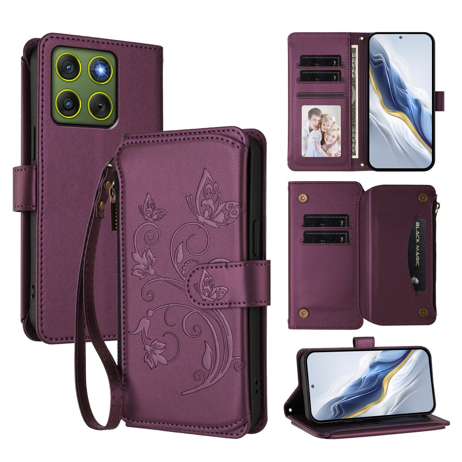 For Motorola Edge 70 5G Leather Case Butterfly Floral Imprint Zipper Wallet Stand Cover with Wrist Strap - Purple