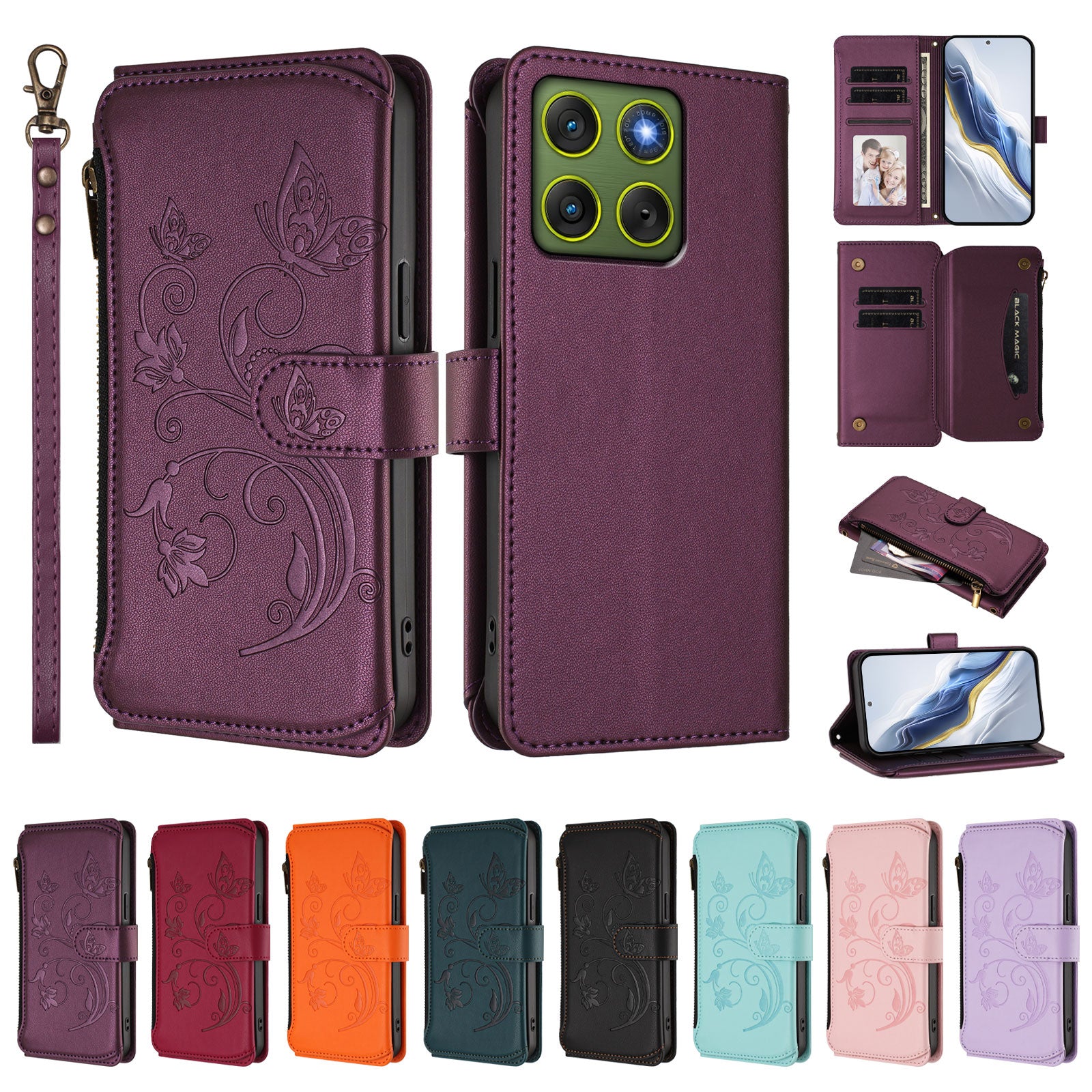 For Motorola Edge 70 5G Leather Case Butterfly Floral Imprint Zipper Wallet Stand Cover with Wrist Strap - Purple