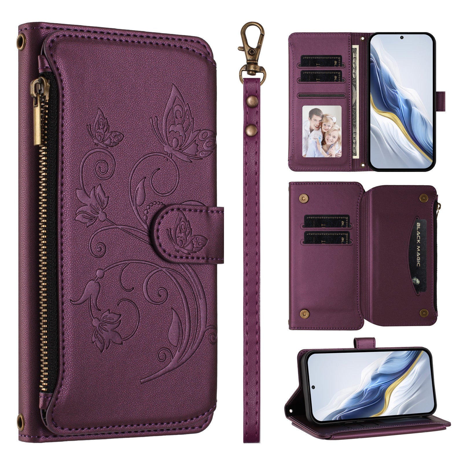 For Motorola Edge 70 5G Leather Case Butterfly Floral Imprint Zipper Wallet Stand Cover with Wrist Strap - Purple