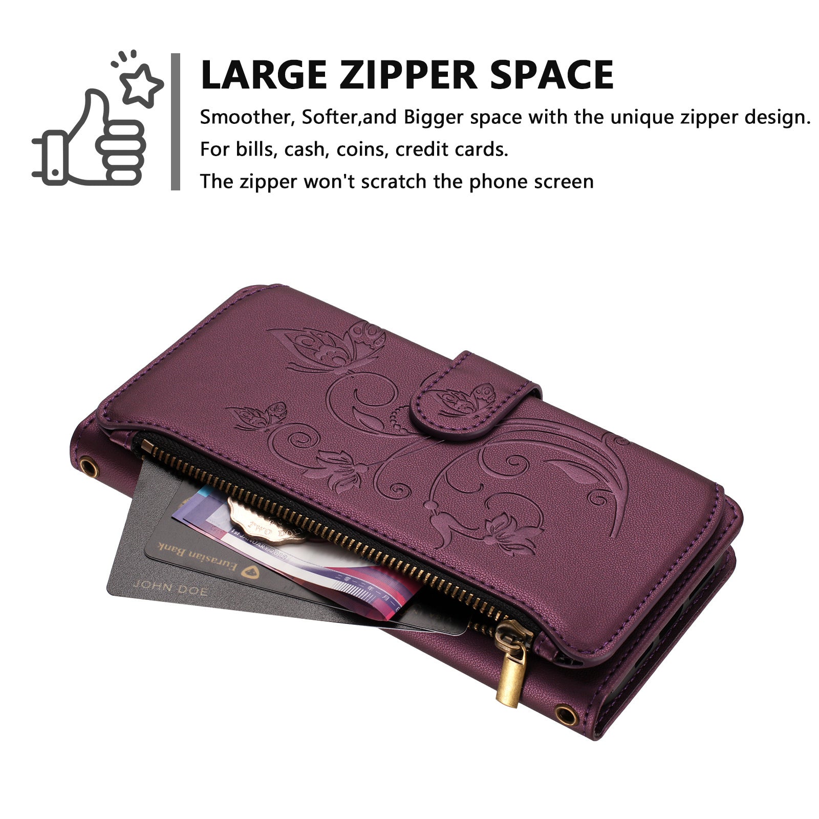 For Motorola Edge 70 5G Leather Case Butterfly Floral Imprint Zipper Wallet Stand Cover with Wrist Strap - Purple