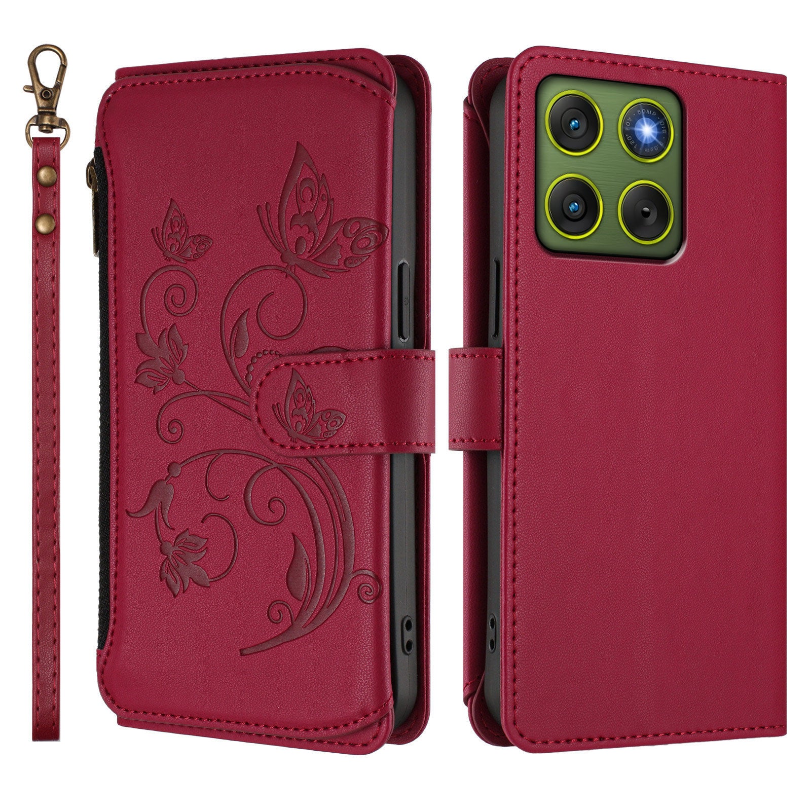 For Motorola Edge 70 5G Leather Case Butterfly Floral Imprint Zipper Wallet Stand Cover with Wrist Strap - Wine Red