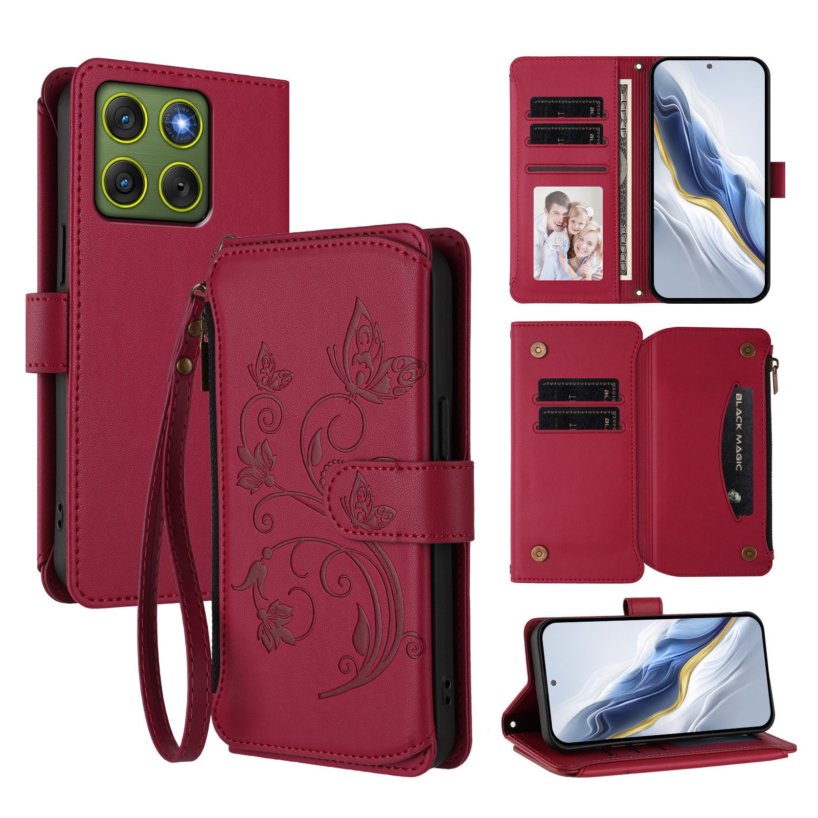For Motorola Edge 70 5G Leather Case Butterfly Floral Imprint Zipper Wallet Stand Cover with Wrist Strap - Wine Red
