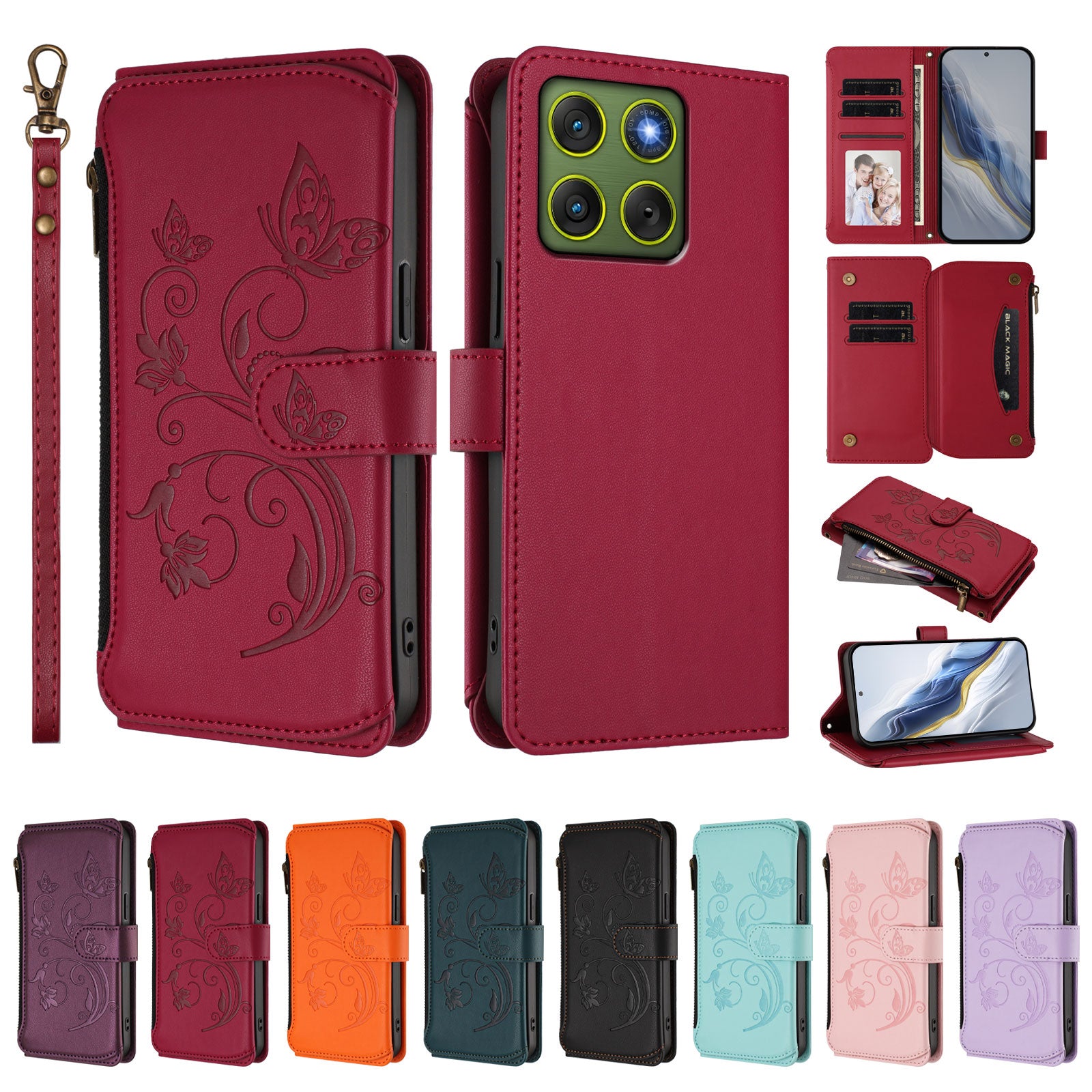 For Motorola Edge 70 5G Leather Case Butterfly Floral Imprint Zipper Wallet Stand Cover with Wrist Strap - Wine Red