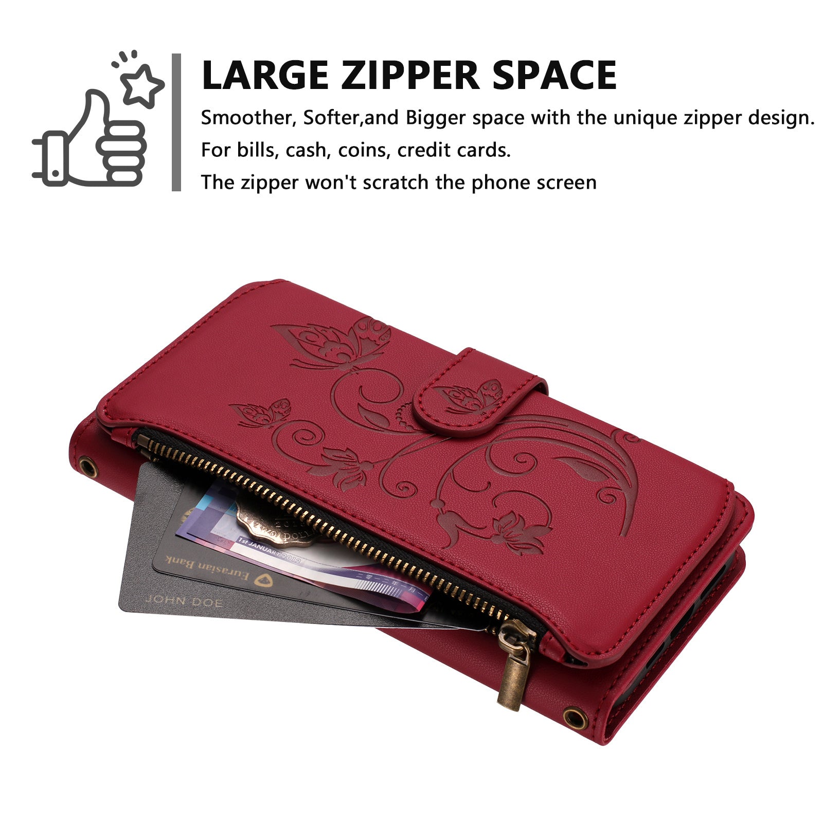 For Motorola Edge 70 5G Leather Case Butterfly Floral Imprint Zipper Wallet Stand Cover with Wrist Strap - Wine Red