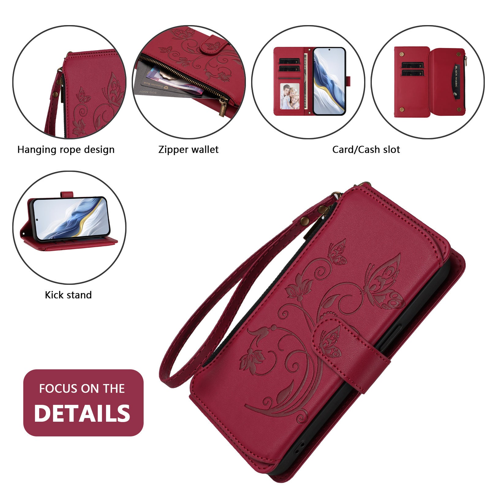 For Motorola Edge 70 5G Leather Case Butterfly Floral Imprint Zipper Wallet Stand Cover with Wrist Strap - Wine Red