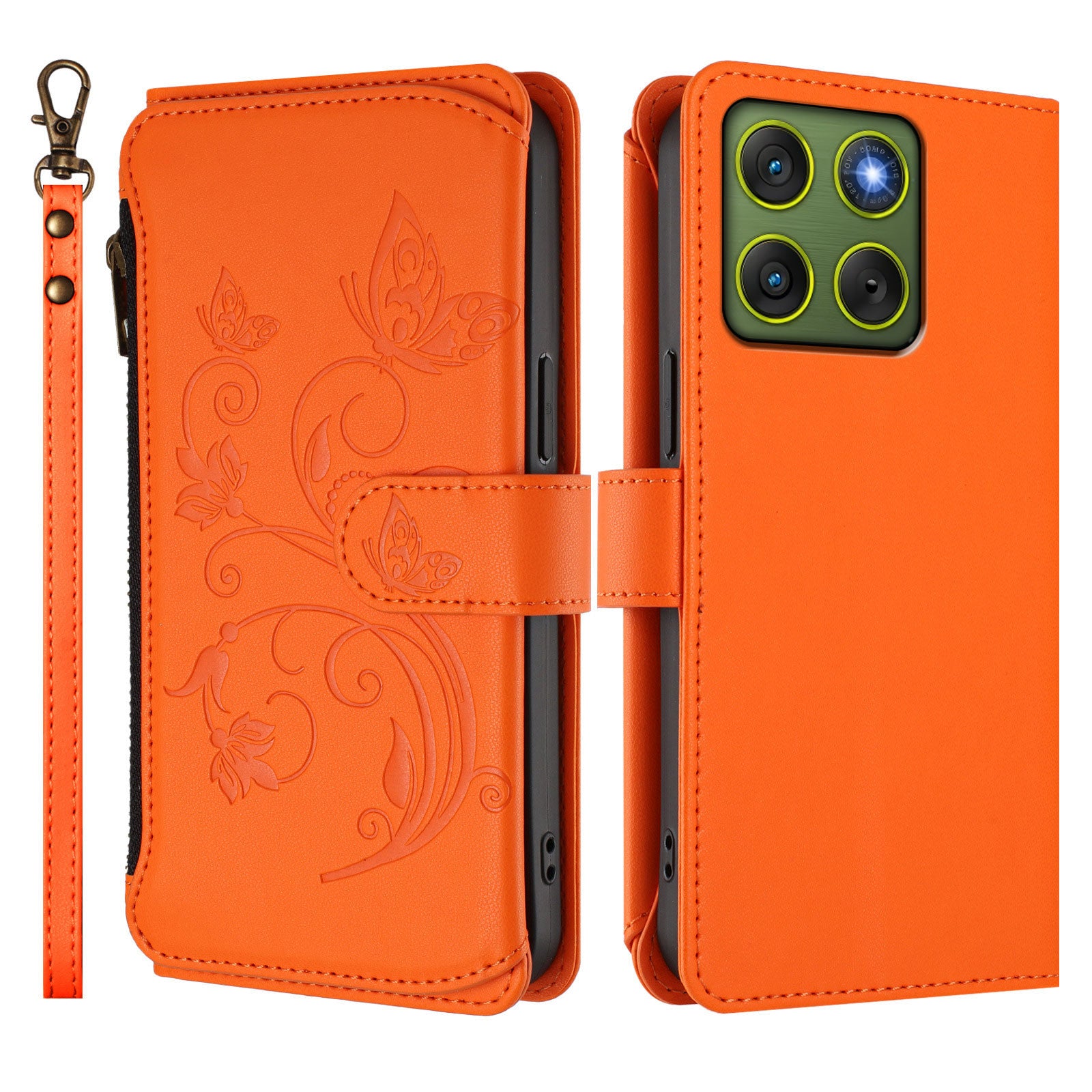 For Motorola Edge 70 5G Leather Case Butterfly Floral Imprint Zipper Wallet Stand Cover with Wrist Strap - Orange