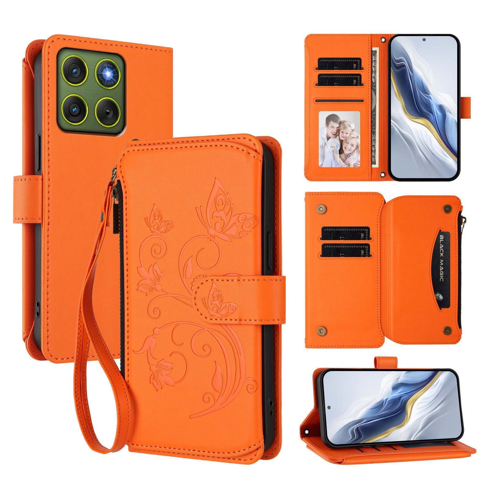 For Motorola Edge 70 5G Leather Case Butterfly Floral Imprint Zipper Wallet Stand Cover with Wrist Strap - Orange