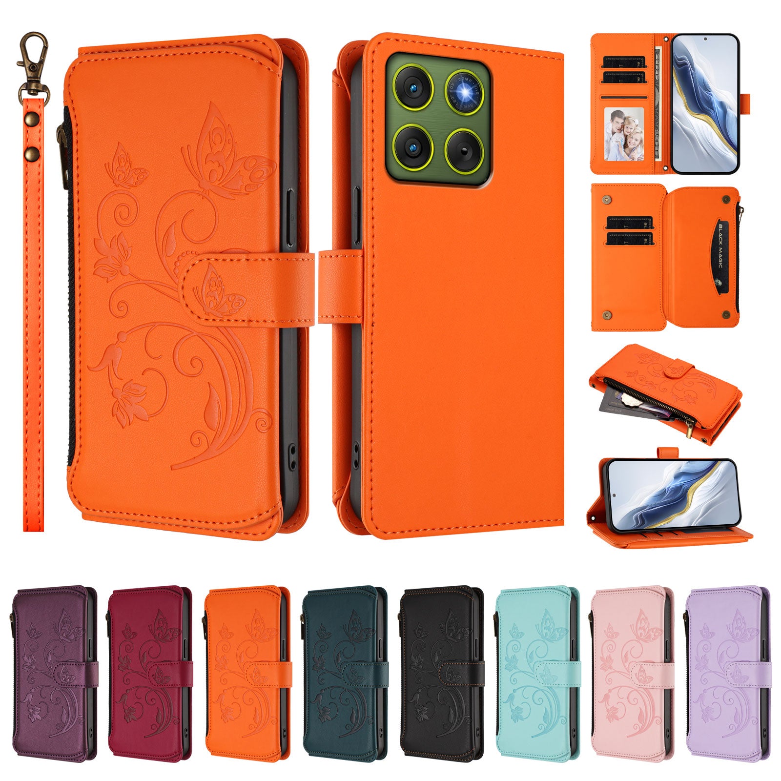 For Motorola Edge 70 5G Leather Case Butterfly Floral Imprint Zipper Wallet Stand Cover with Wrist Strap - Orange