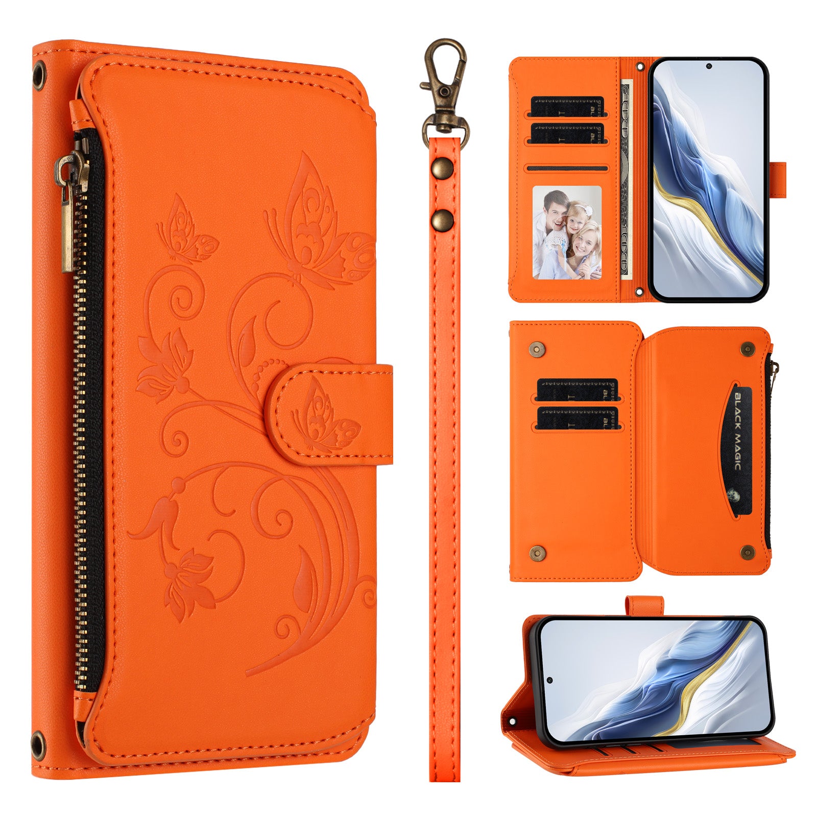 For Motorola Edge 70 5G Leather Case Butterfly Floral Imprint Zipper Wallet Stand Cover with Wrist Strap - Orange