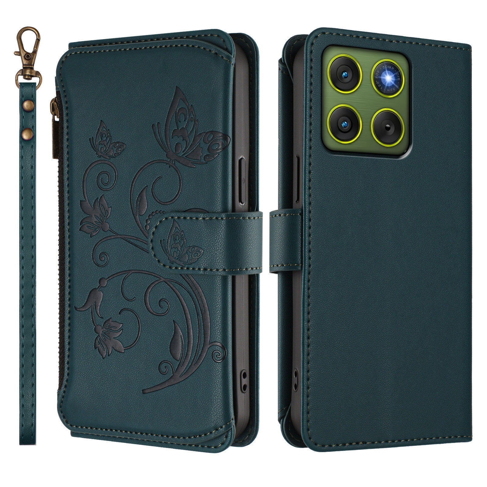 For Motorola Edge 70 5G Leather Case Butterfly Floral Imprint Zipper Wallet Stand Cover with Wrist Strap - Green