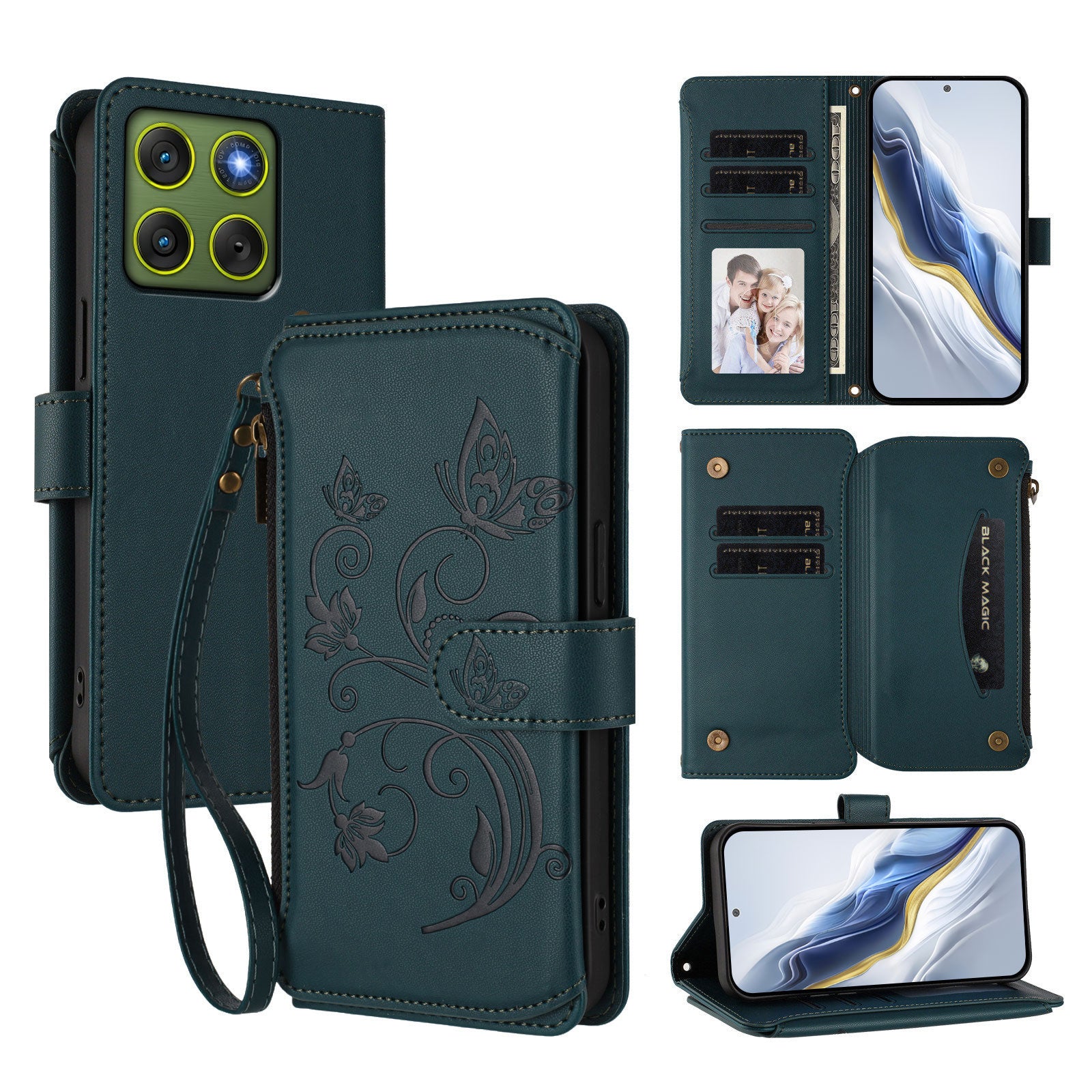 For Motorola Edge 70 5G Leather Case Butterfly Floral Imprint Zipper Wallet Stand Cover with Wrist Strap - Green