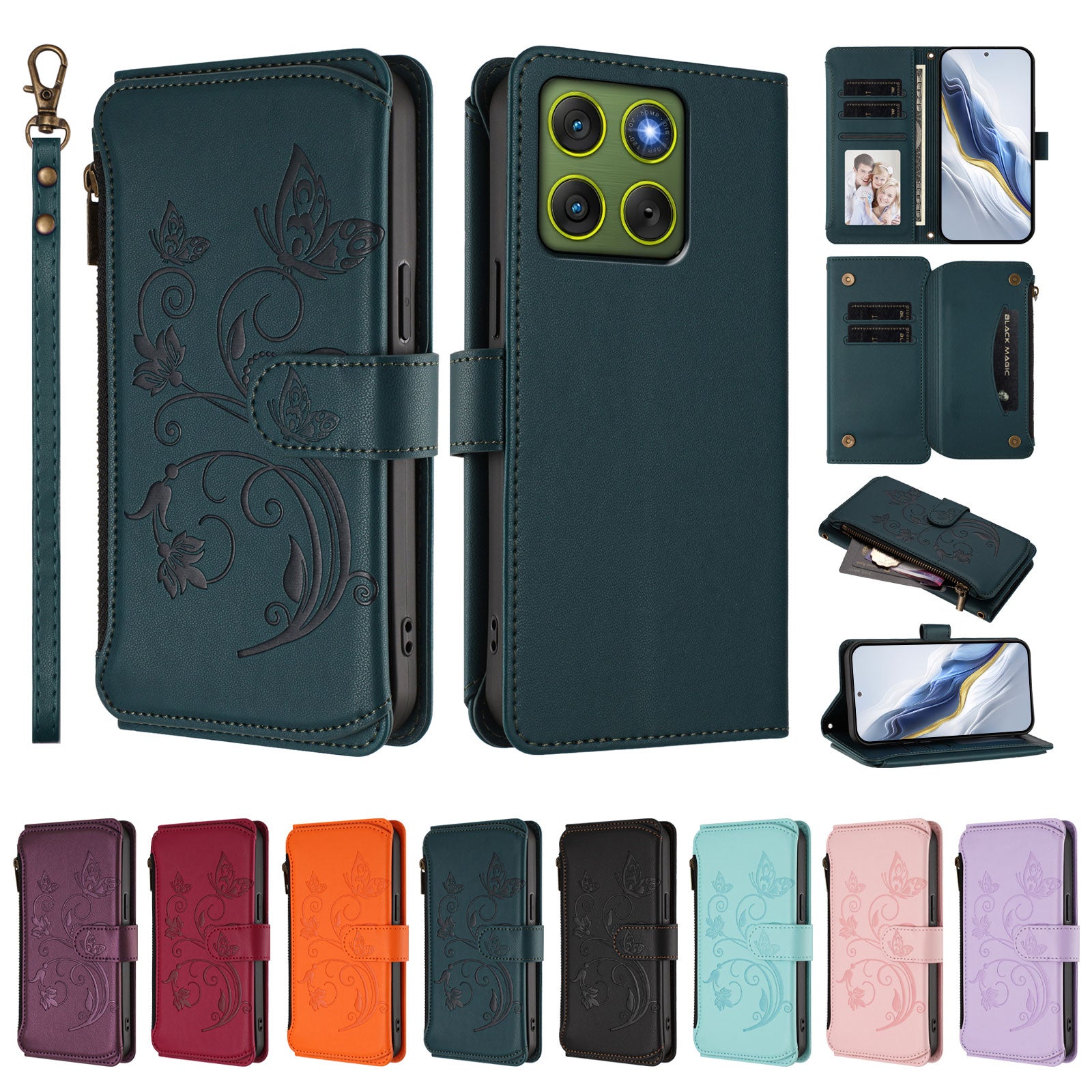 For Motorola Edge 70 5G Leather Case Butterfly Floral Imprint Zipper Wallet Stand Cover with Wrist Strap - Green