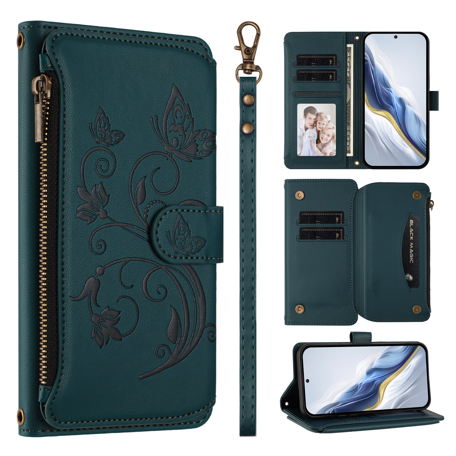 For Motorola Edge 70 5G Leather Case Butterfly Floral Imprint Zipper Wallet Stand Cover with Wrist Strap - Green