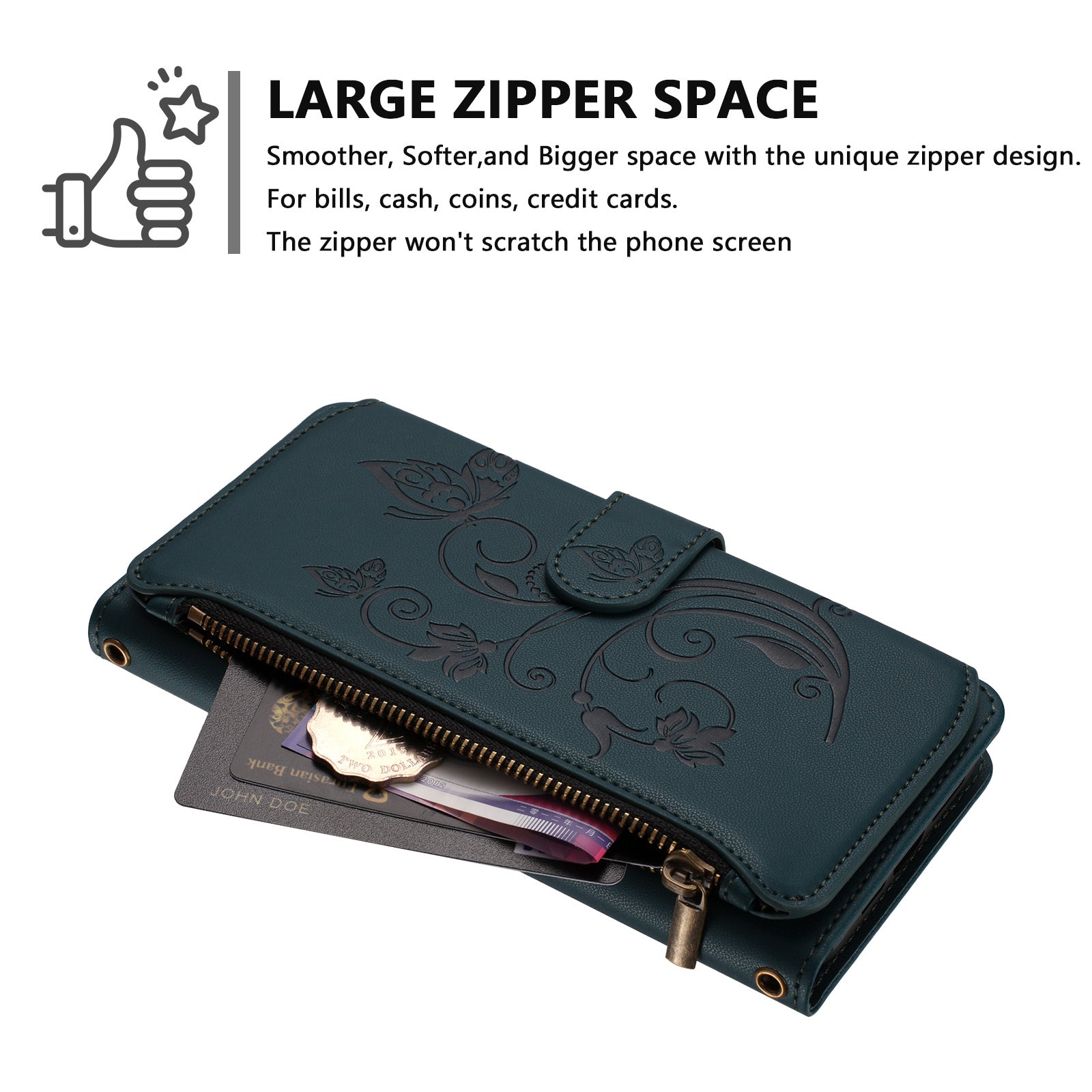 For Motorola Edge 70 5G Leather Case Butterfly Floral Imprint Zipper Wallet Stand Cover with Wrist Strap - Green