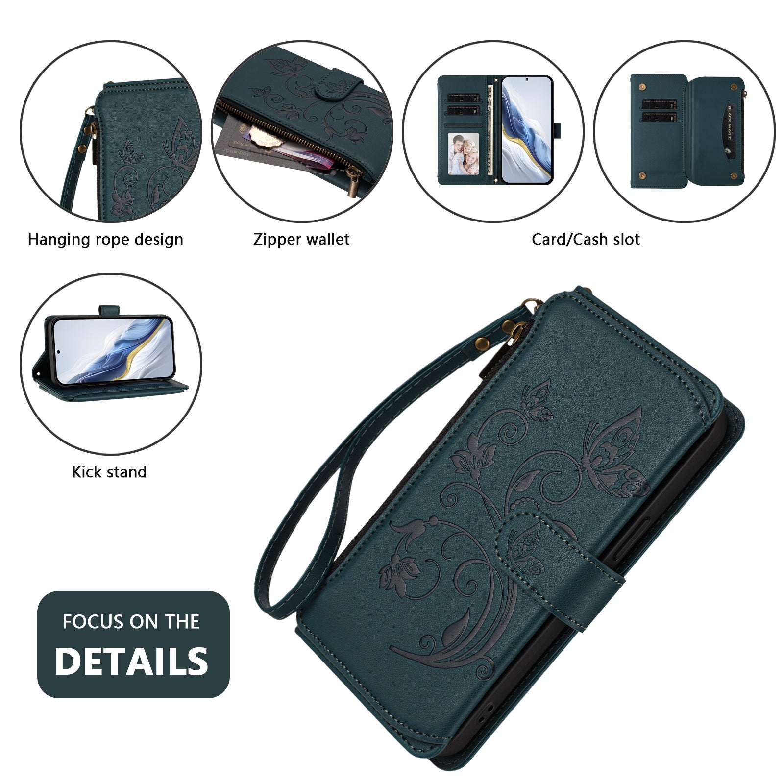 For Motorola Edge 70 5G Leather Case Butterfly Floral Imprint Zipper Wallet Stand Cover with Wrist Strap - Green