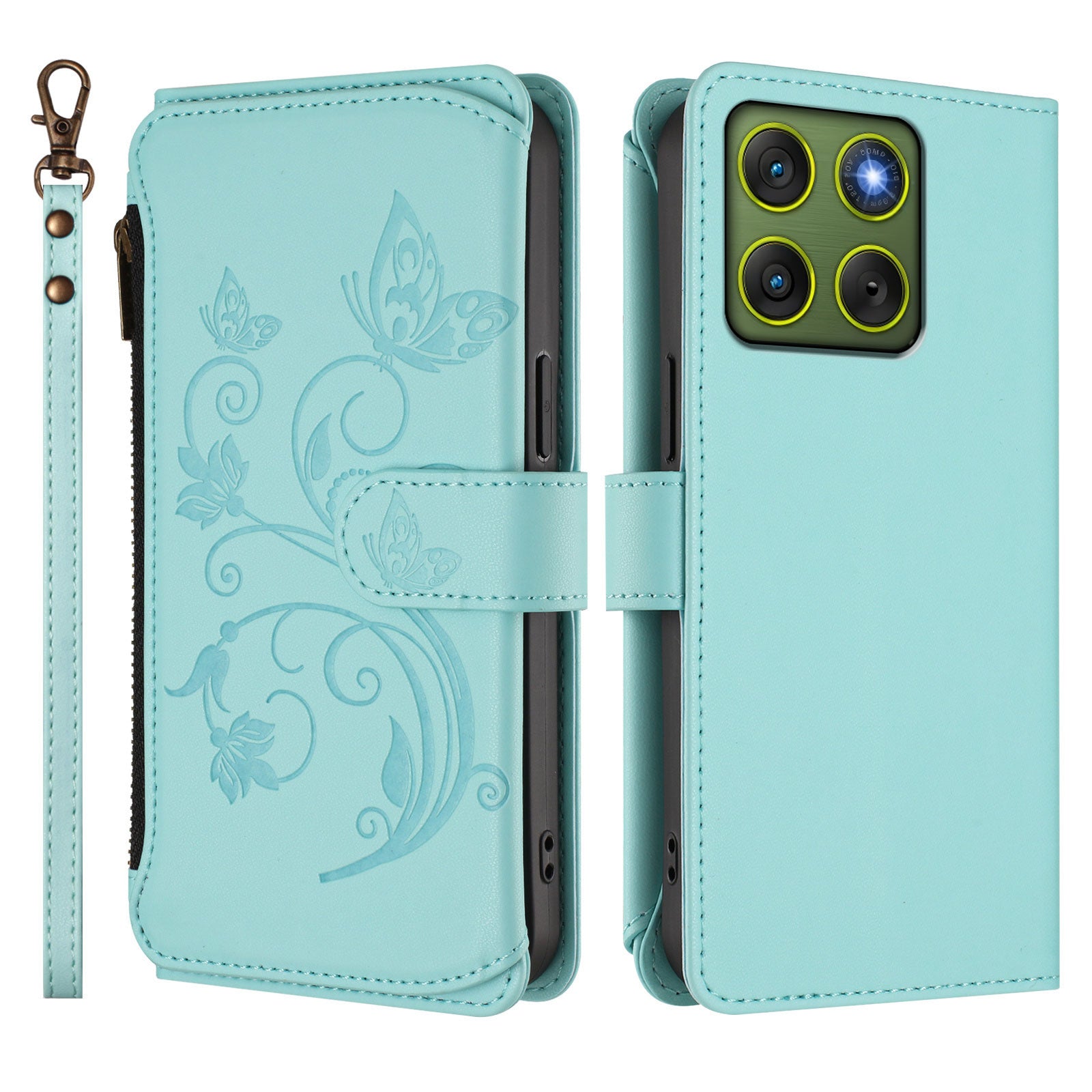 For Motorola Edge 70 5G Leather Case Butterfly Floral Imprint Zipper Wallet Stand Cover with Wrist Strap - Mint Green