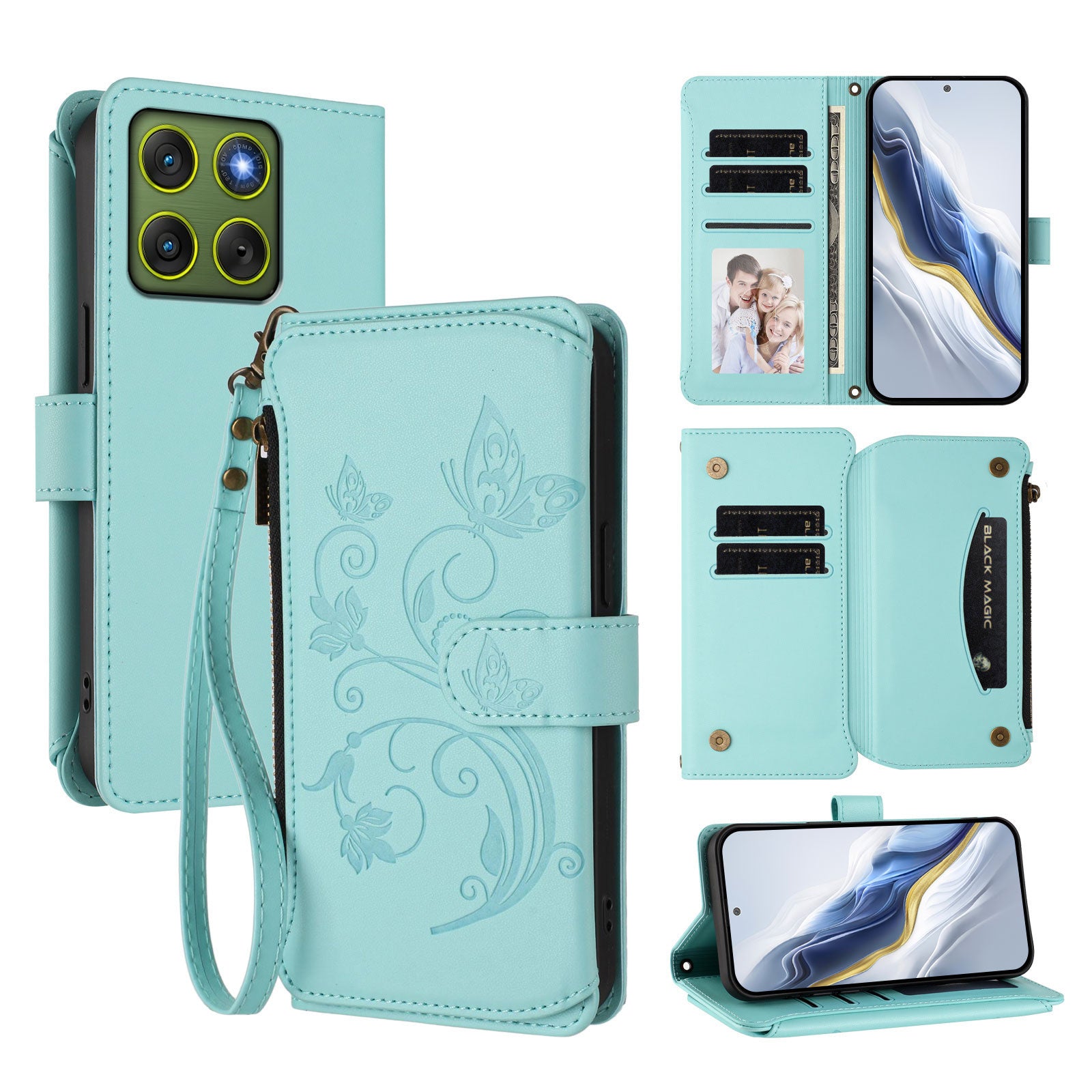 For Motorola Edge 70 5G Leather Case Butterfly Floral Imprint Zipper Wallet Stand Cover with Wrist Strap - Mint Green