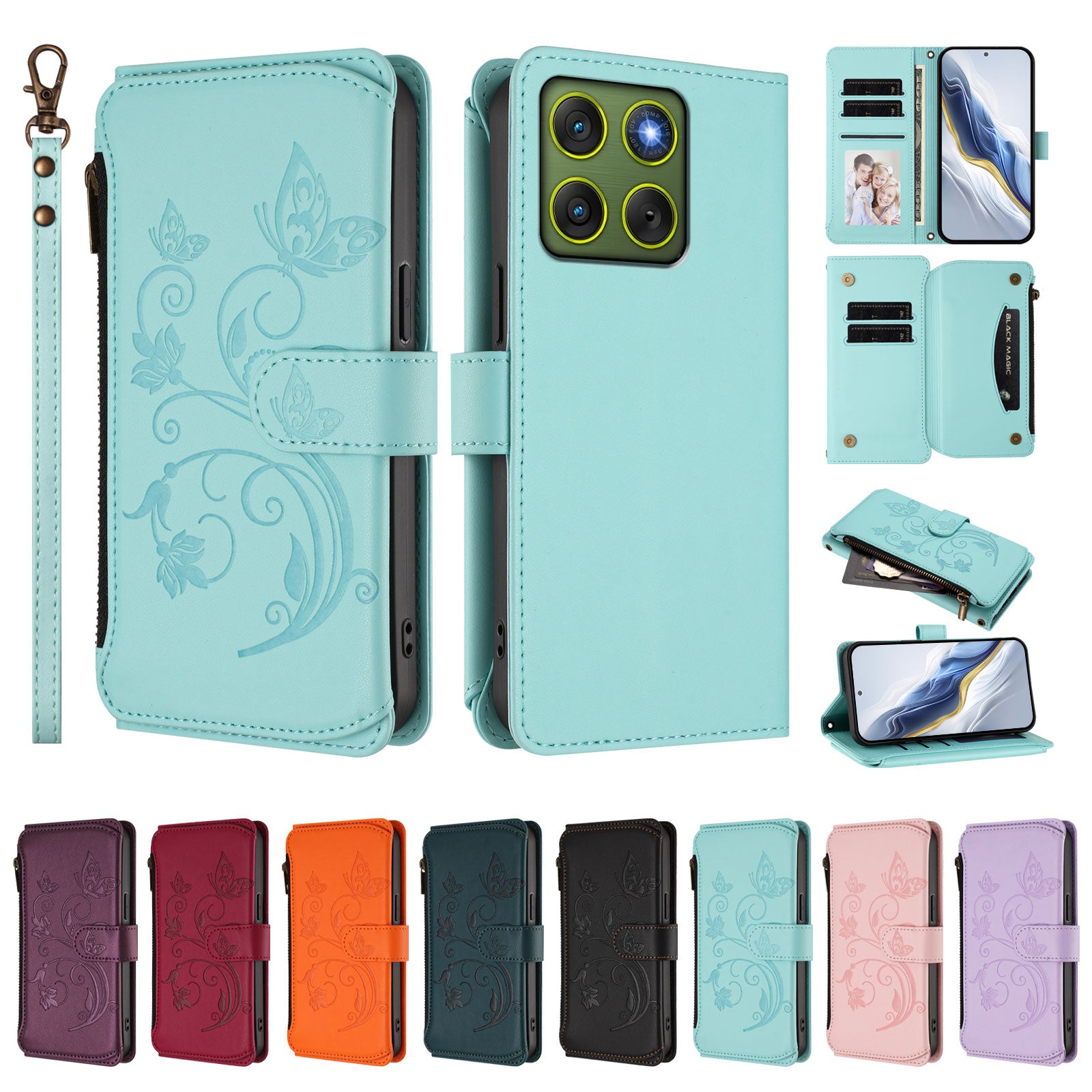 For Motorola Edge 70 5G Leather Case Butterfly Floral Imprint Zipper Wallet Stand Cover with Wrist Strap - Mint Green