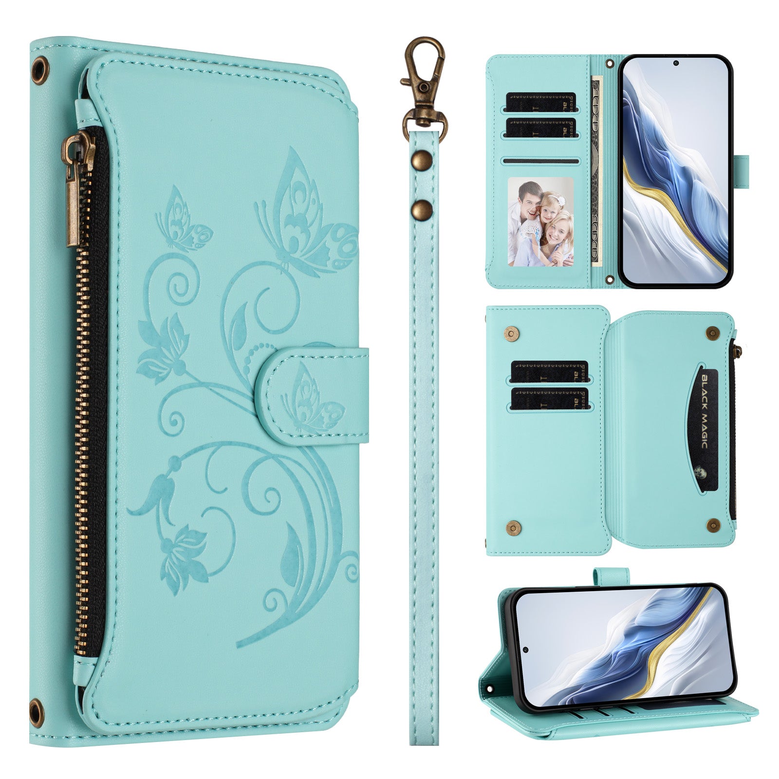 For Motorola Edge 70 5G Leather Case Butterfly Floral Imprint Zipper Wallet Stand Cover with Wrist Strap - Mint Green