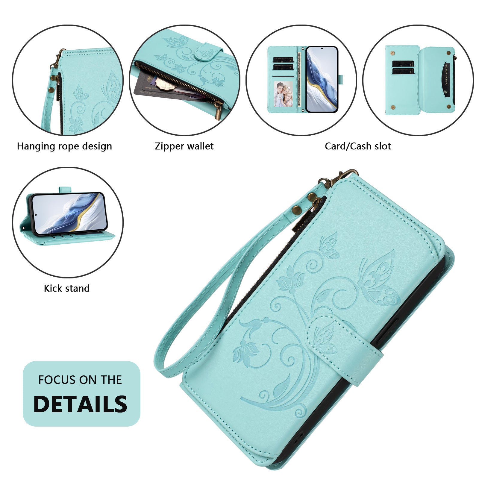 For Motorola Edge 70 5G Leather Case Butterfly Floral Imprint Zipper Wallet Stand Cover with Wrist Strap - Mint Green