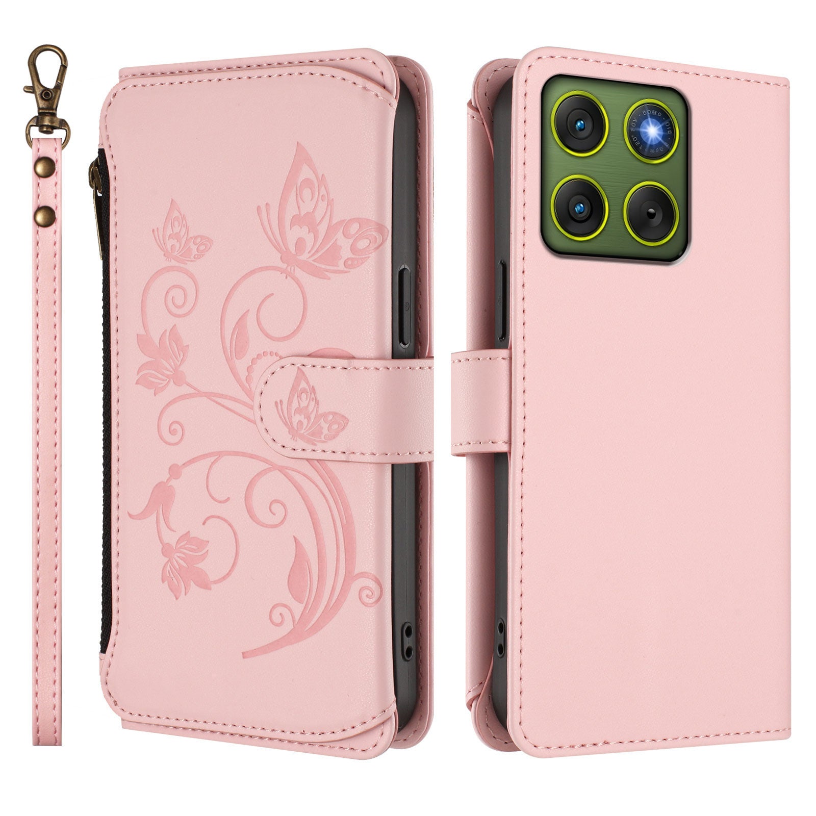 For Motorola Edge 70 5G Leather Case Butterfly Floral Imprint Zipper Wallet Stand Cover with Wrist Strap - Pink