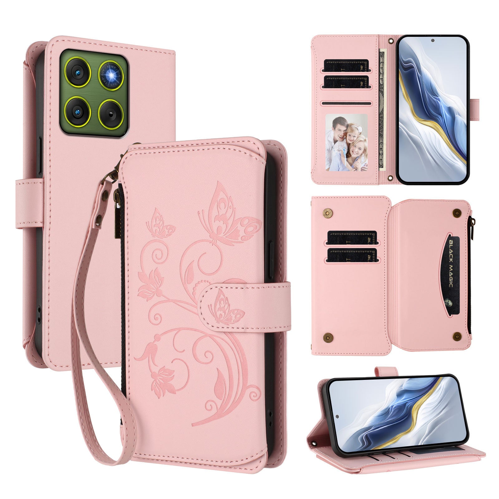 For Motorola Edge 70 5G Leather Case Butterfly Floral Imprint Zipper Wallet Stand Cover with Wrist Strap - Pink