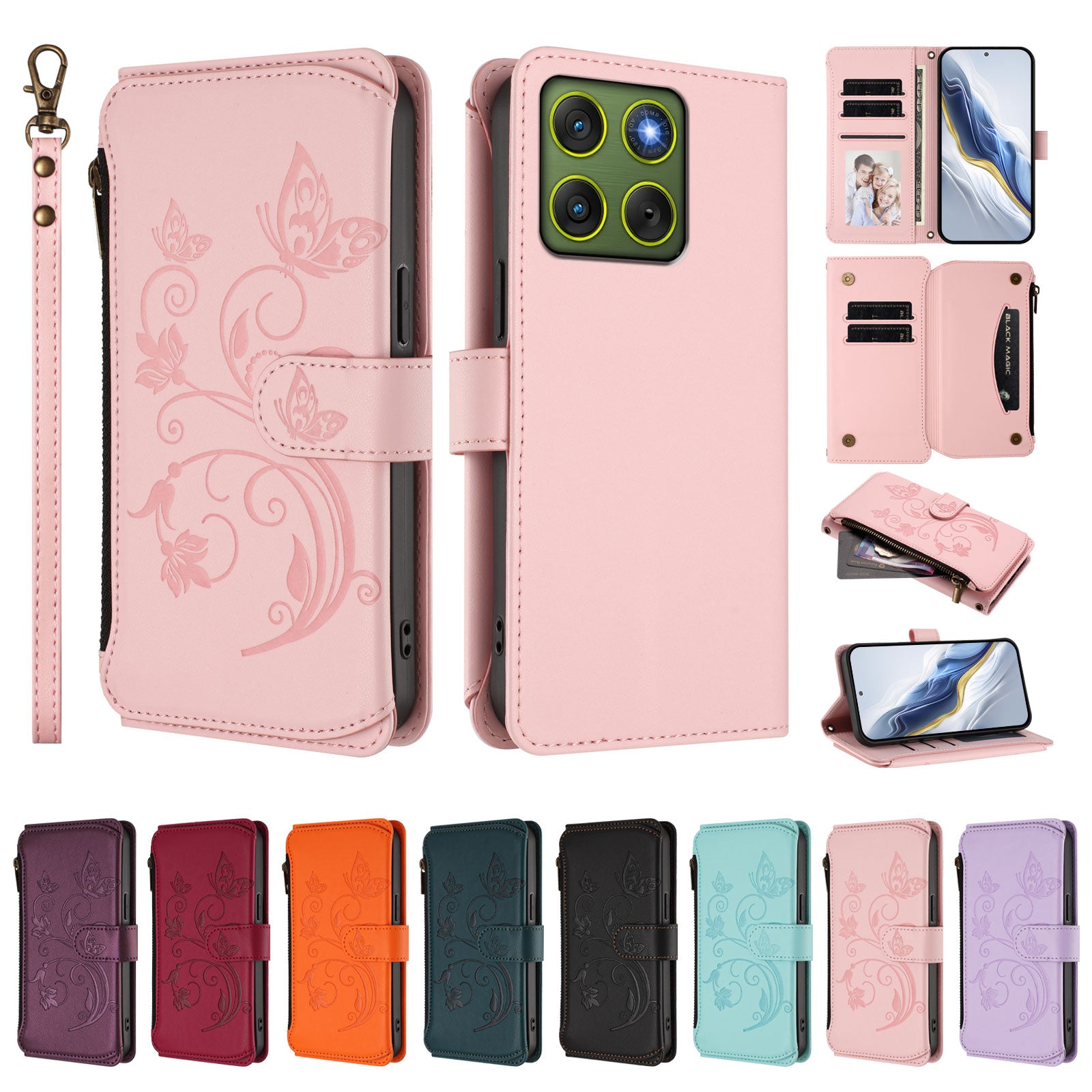 For Motorola Edge 70 5G Leather Case Butterfly Floral Imprint Zipper Wallet Stand Cover with Wrist Strap - Pink