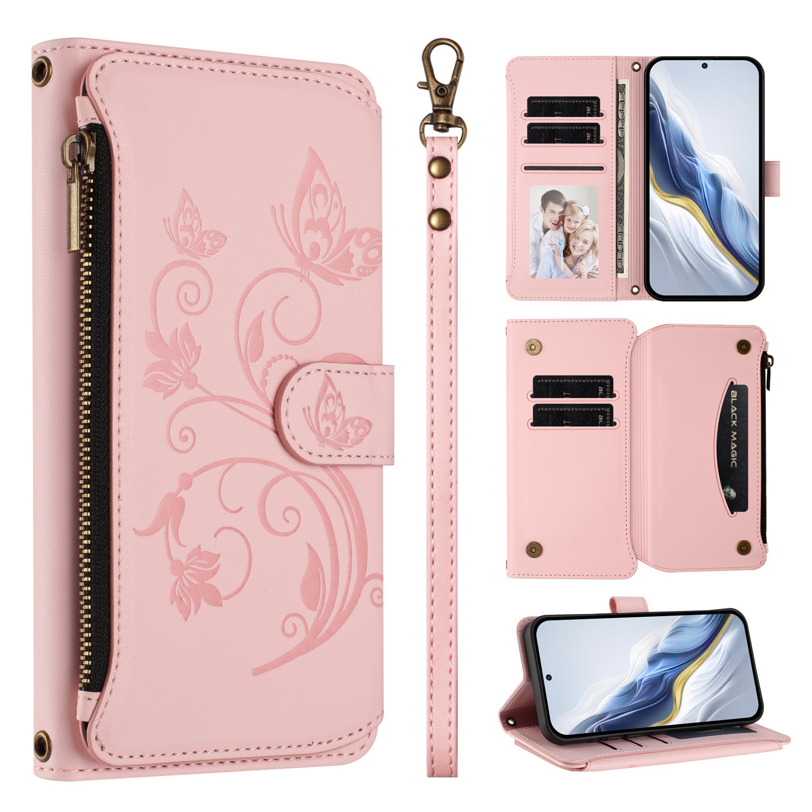 For Motorola Edge 70 5G Leather Case Butterfly Floral Imprint Zipper Wallet Stand Cover with Wrist Strap - Pink