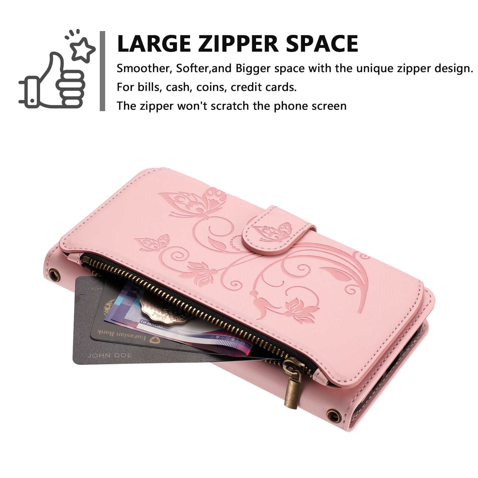 For Motorola Edge 70 5G Leather Case Butterfly Floral Imprint Zipper Wallet Stand Cover with Wrist Strap - Pink