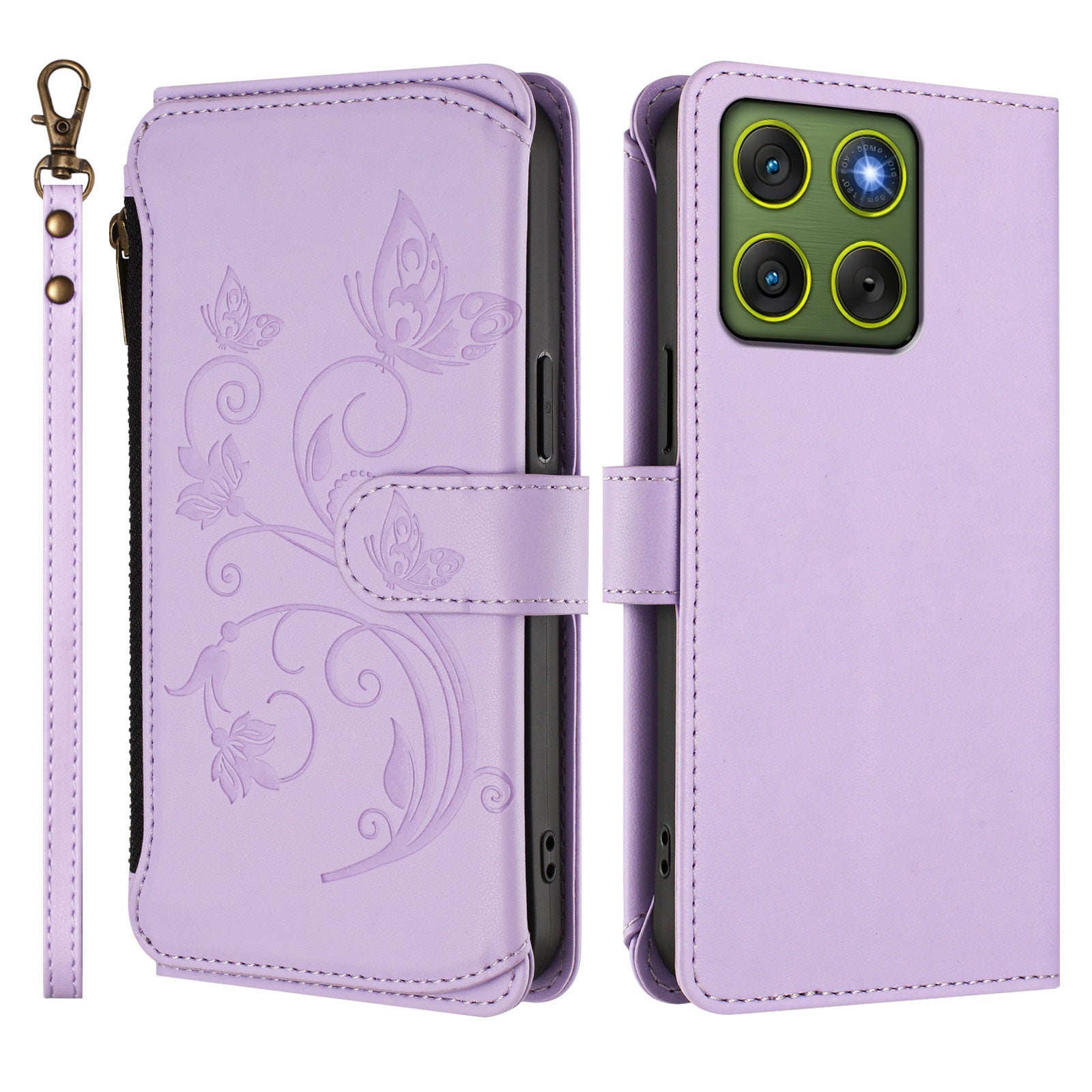 For Motorola Edge 70 5G Leather Case Butterfly Floral Imprint Zipper Wallet Stand Cover with Wrist Strap - Light Purple