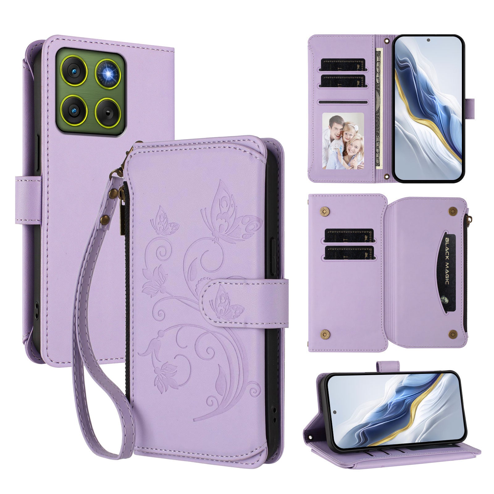 For Motorola Edge 70 5G Leather Case Butterfly Floral Imprint Zipper Wallet Stand Cover with Wrist Strap - Light Purple