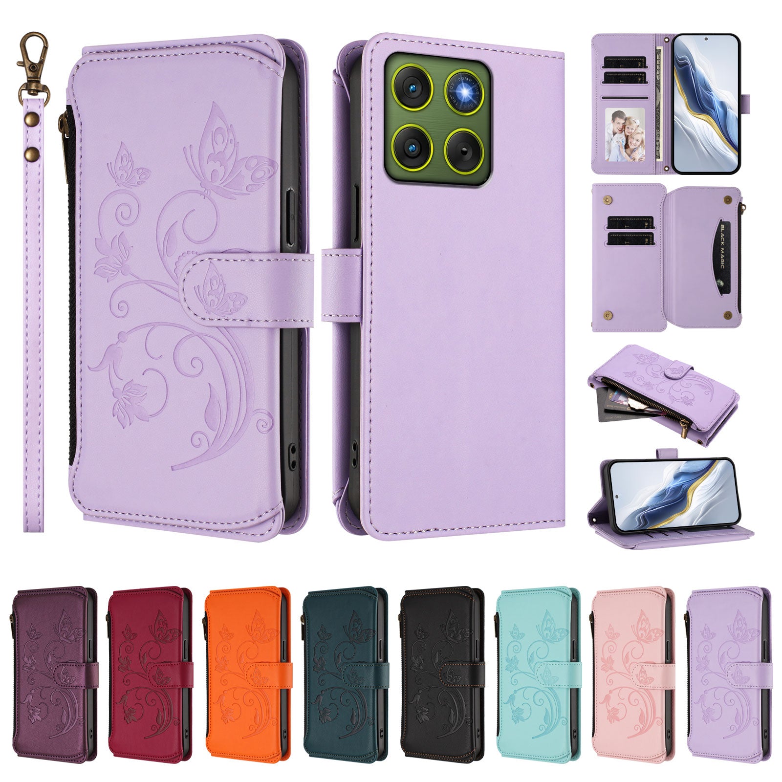 For Motorola Edge 70 5G Leather Case Butterfly Floral Imprint Zipper Wallet Stand Cover with Wrist Strap - Light Purple