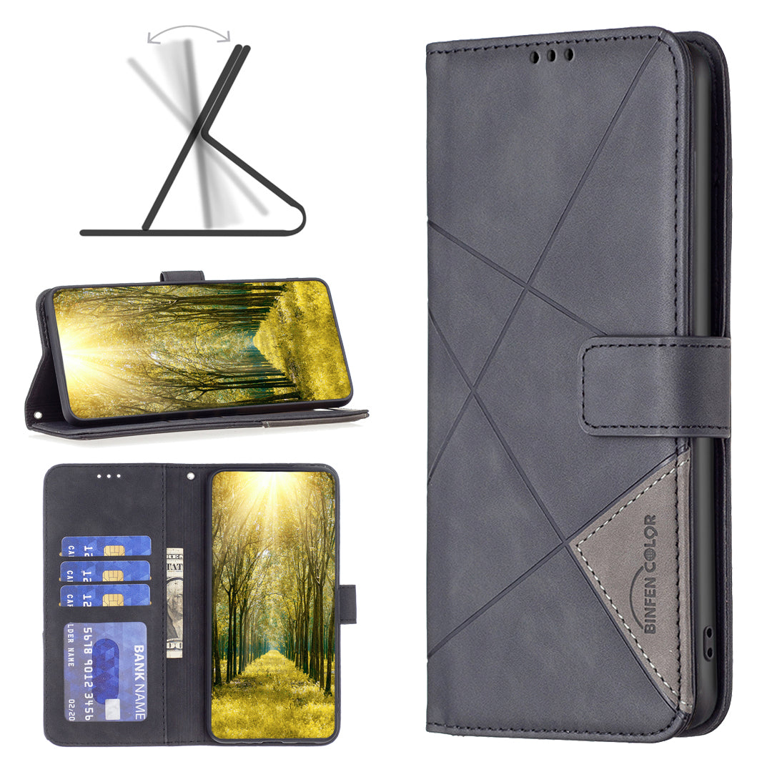For Xiaomi Redmi Note 15 Pro 4G (Global) Phone Case BINFEN COLOR Wallet Stand Geometry Imprinted Leather Cover - Black