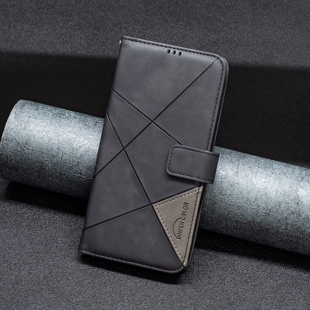 For Xiaomi Redmi Note 15 Pro 4G (Global) Phone Case BINFEN COLOR Wallet Stand Geometry Imprinted Leather Cover - Black