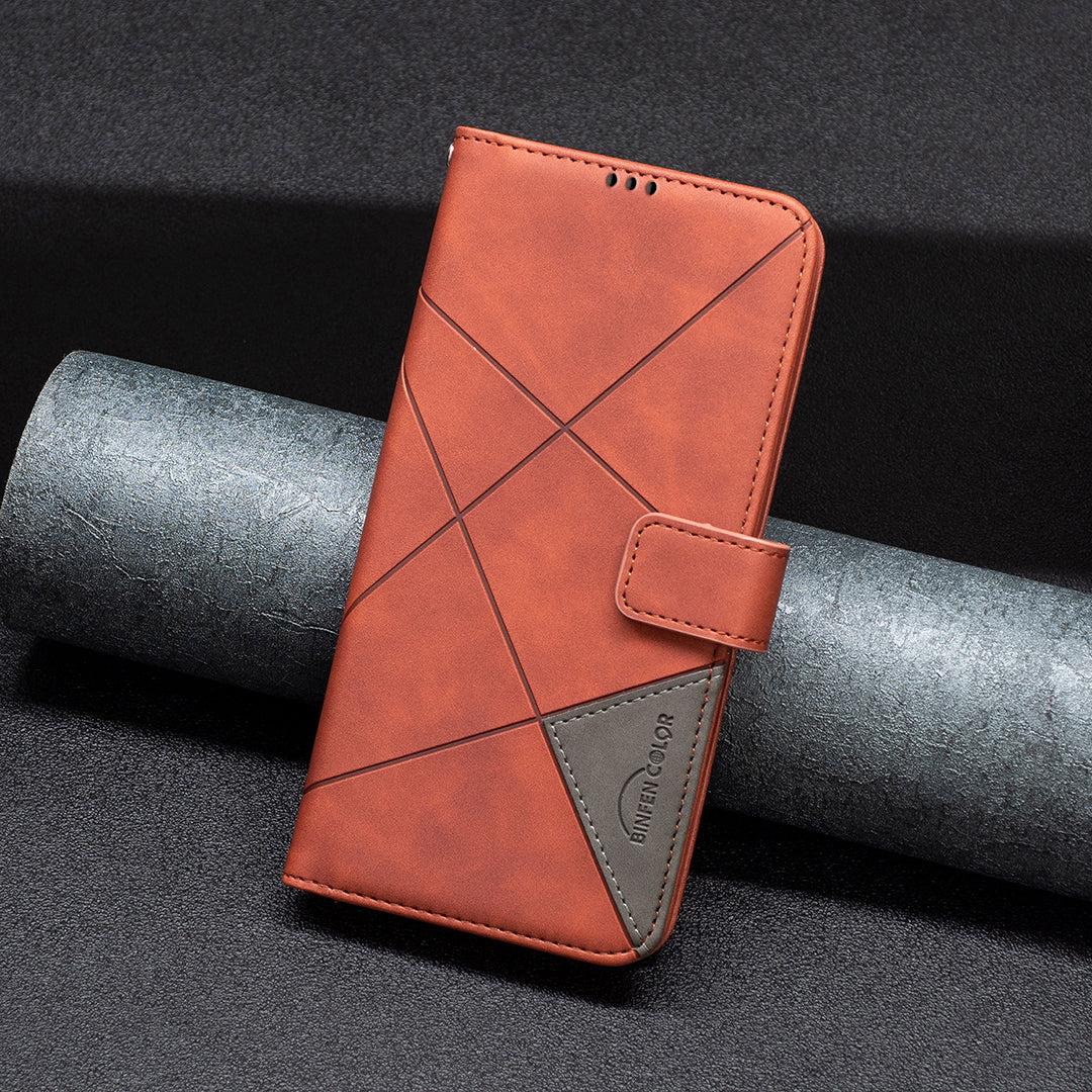 For Xiaomi Redmi Note 15 Pro 4G (Global) Phone Case BINFEN COLOR Wallet Stand Geometry Imprinted Leather Cover - Brown