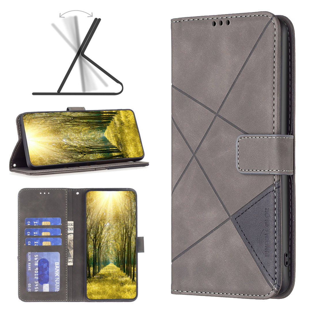 For Xiaomi Redmi Note 15 Pro 4G (Global) Phone Case BINFEN COLOR Wallet Stand Geometry Imprinted Leather Cover - Grey