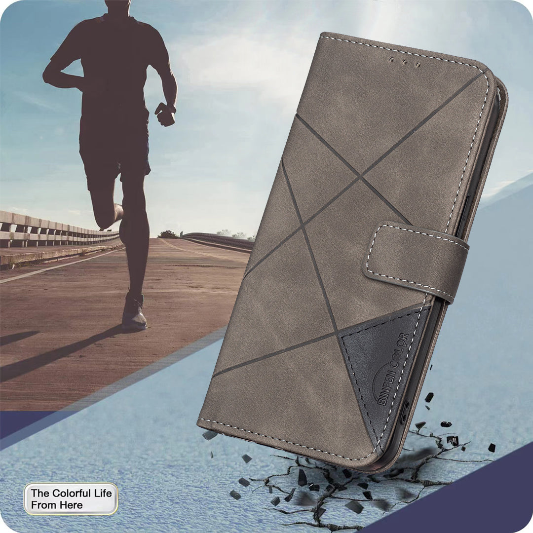 For Xiaomi Redmi Note 15 Pro 4G (Global) Phone Case BINFEN COLOR Wallet Stand Geometry Imprinted Leather Cover - Grey