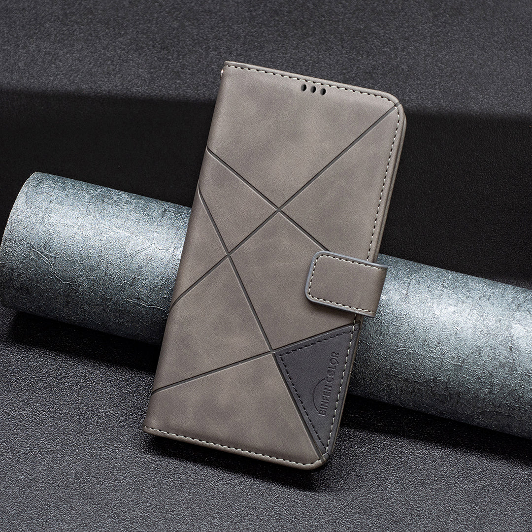 For Xiaomi Redmi Note 15 Pro 4G (Global) Phone Case BINFEN COLOR Wallet Stand Geometry Imprinted Leather Cover - Grey