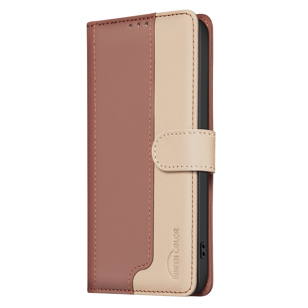 For Xiaomi Redmi Note 15 Pro 4G (Global) Leather Case BINFEN COLOR Splicing Color RFID Blocking Wallet Stand Phone Cover - Brown