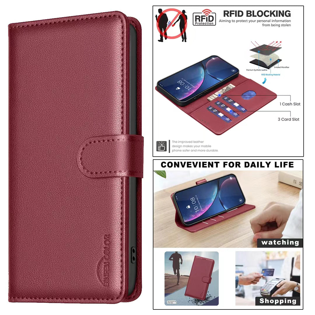 For Xiaomi Redmi Note 15 Pro 4G (Global) Leather Case BINFEN COLOR BF32 Wallet RFID Blocking Phone Cover - Red